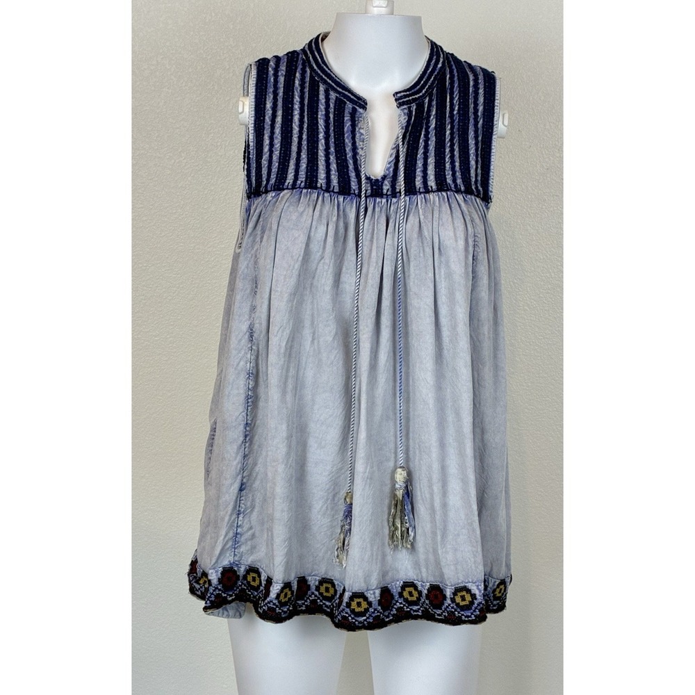 Rachel Zoe Womens Boho Sleeveless Embroidered‎ Tunic Top Size M Blue Festival